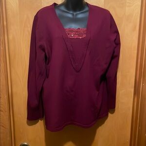 Burgundy V-Neck Sweater with Lace Detail
